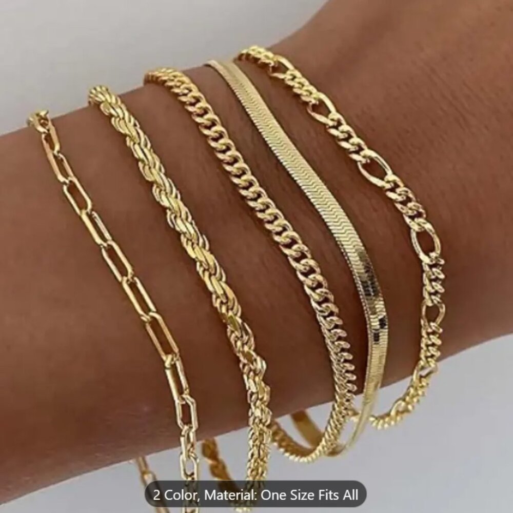 5pcs Multi Layers Thin Chain Bracelet Set Simple Style Hand Chain Jewelry For Wo